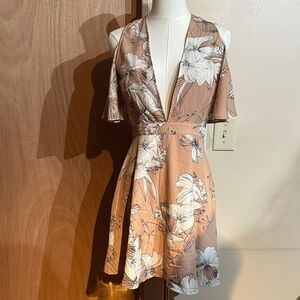 Lost + Wander Floral Mini Dress in Tan and White
